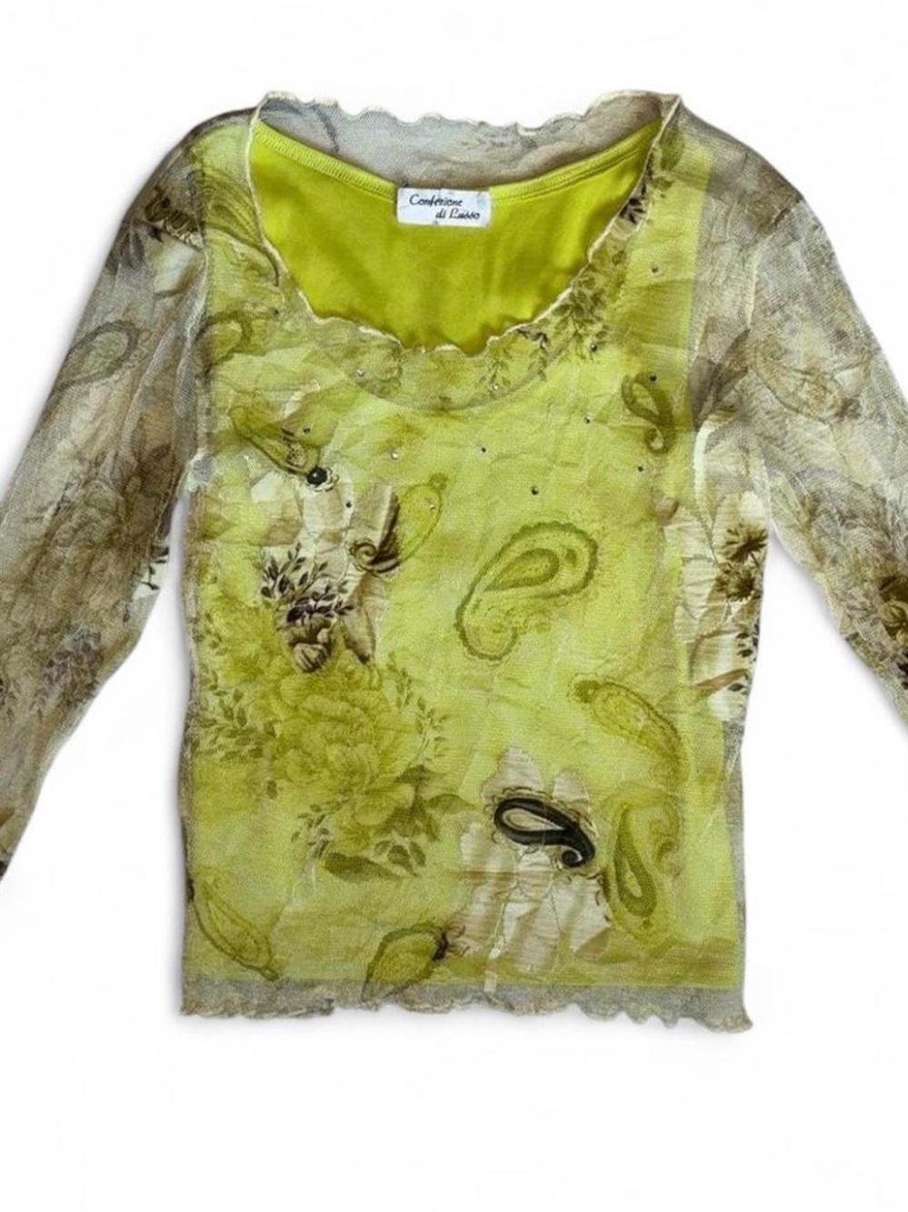 Confession di Lillo Women's Sheer Paisley Long Sleeve Top in Lime